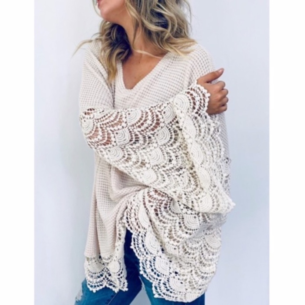034 Boho Lace Bell Sleeve Waffle Knit Tunic Top - Picture 13 of 13